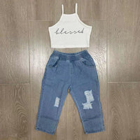 Children's Two-piece Suit With Ripped Jeans And Vest