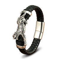 Gold And Steel-Colored Leopard-Pattern Dragon Pi Xiu Stainless Steel Leather Magnetic-Clasp Mens Bracelet