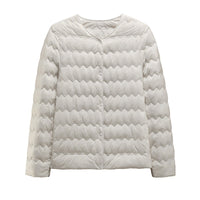 Womens Short Puff Jacket With A Ruffled Crew Neck