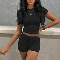 Women's Short-Sleeve High-Waist Midriff-Baring Drawstring Shorts Set