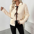 Sweet Bow Lace-up Turn-down Collar Trim Contrast Color Sweater Women's Cardigan