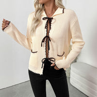 Sweet Bow Lace-up Turn-down Collar Trim Contrast Color Sweater Women's Cardigan