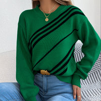Women's Casual Striped Round Neck Lantern Long Sleeve Pullover Sweater
