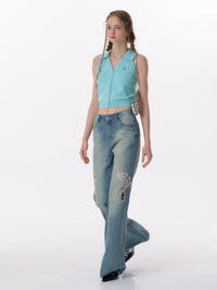 High Waist Bow Patch Wide Leg Straight Jeans