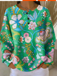 Retro 3D Digital-Print Three-Button Stand-Up Collar Sweater