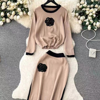 Crew-neck Loose-fit Knit Top And High-waisted Midi Skirt