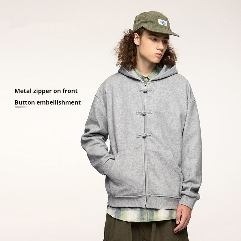 New Chinese Style Buckle Fleece Zipper Hooded Sweater