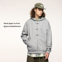 New Chinese Style Buckle Fleece Zipper Hooded Sweater