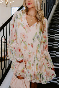 Womens Loose Mini Dress With Double-Layer V-Neck And Print