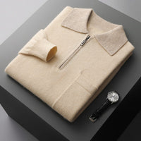 Foreign Trade Men's Autumn And Winter Contrast Color Wool Knitted Half-open Polo Long-sleeved Fleece Sweater