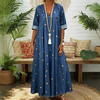 V-neck Loose-fit Printed Star Denim Dress For Women