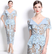 Niche-chic Oversized Lapel Short-sleeve Lace Bodycon Dress For Women