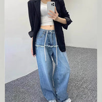 Drawstring-attached Patchwork-design Relaxed-fit Raw-hem Wide-leg Pants