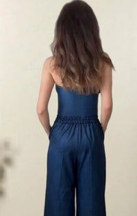 Slim-fit Women's Off-shoulder Blue Denim Flower Jumpsuit