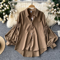 Pleated Lantern-sleeve Single-breasted Loose-fitting Versatile Shirt