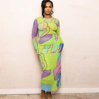 Fashionable Printed Crew-Neck Long-Sleeve Slim-Fit Top Dress