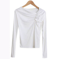 Diagonal Collar Long Sleeved Fitted T-shirt Base Solid Color Top