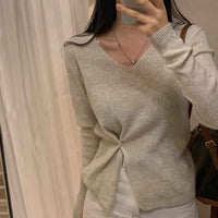 Women's Long Sleeve Bottoming V-neck Split Waist Fitted Thin Sweater