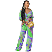 Women's Wear Irregular Pattern Long-sleeved Trousers V-neck Two-piece Suit