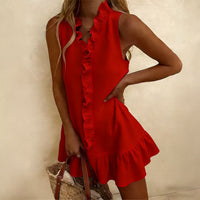Womens Casual Cotton-Linen Solid-Color Dress With Ruffle Hem