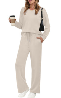 Long-sleeve Drawstring Solid-color Casual Pants Set