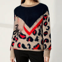 Women's Plush Printed Knitted Pullover With Round Neck And Leopard Print