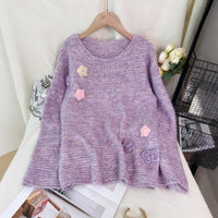 Sequined Knitted Pullover Round Neck Stitching Flower Fashion Sweater