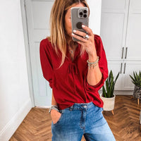 Women's Solid-color V-neck Long-sleeve Chiffon Blouse With Bow Tie Straps
