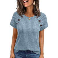 Womens Ribbed Crew-neck Button-panel Short-sleeve Top