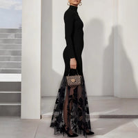 Black Mesh Floral Knit Turtleneck Long-Sleeve Patchwork Gauze Dress