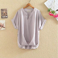 Solid Color And V-neck Batwing Sleeve Top Loose Slimming Cotton And Linen Shirt