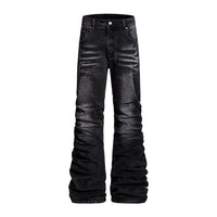 Mens Niche Designer-style Heavy-pleated Textured Denim Jeans