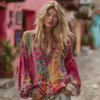 Printed V-neck Womens Long-sleeve Top