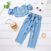 Girls' Off-shoulder Short Sleeve Lace-up Tube Top Denim Ripped Trousers Belt Suit