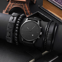 Single Calendar Fake Three-eye Canvas Quartz Watch Pu Bracelet Set