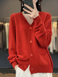 V-neck Solid Color Double Pocket Buckle 100 Cotton Thread Long Sleeve Lazy And Loose Casual Spring Knitted Cardigan For Women
