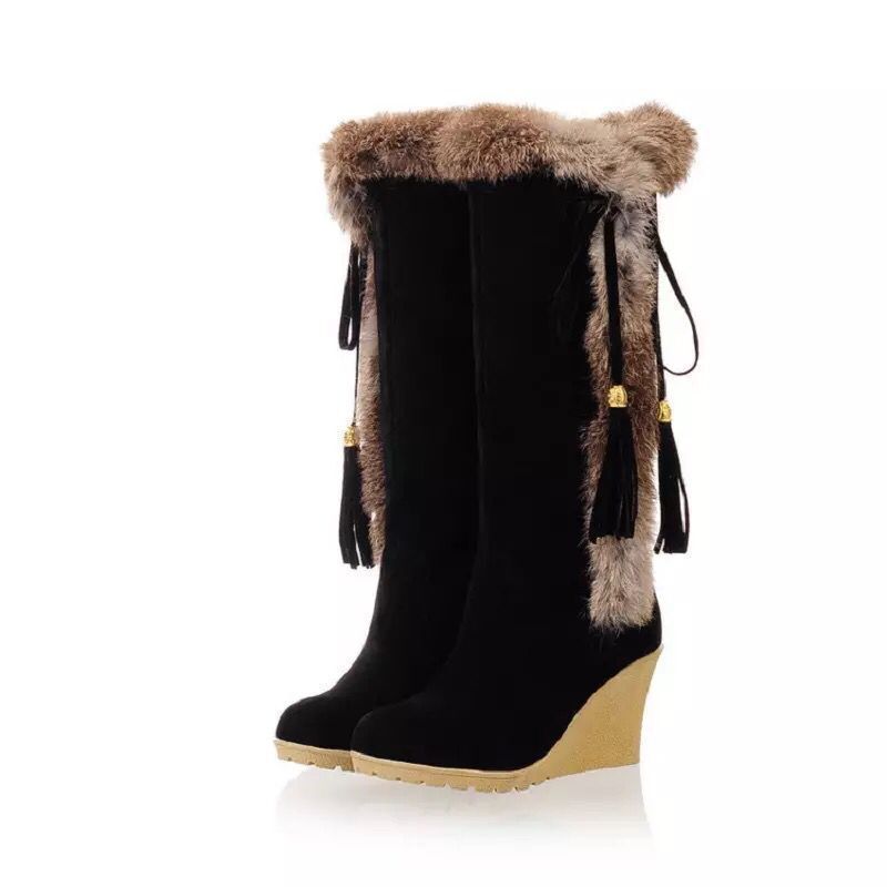 Autumn And Winter New Frosted Plus Size Wedge Boots Fur Integrated High-top For Women