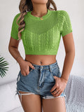 Casual Hollow Out Cable Knit Short Sleeve Crop Top - Beachwear