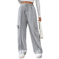 Casual Elastic High-Waist Straight Pants With Patch Pockets