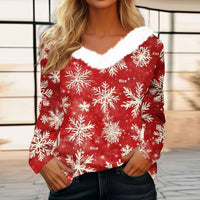 Women's Long Sleeve Christmas Print Party Furry Collar V-Neck Top