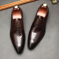 Men's Leather Shoes With Embossed Stone Pattern Laced Cowhide