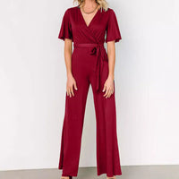 Women's Casual Solid Color Short Sleeve Belt Jumpsuit