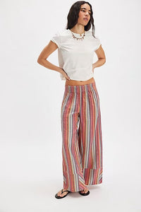 Womens Loose Casual High-waisted Striped Wide-leg Pants