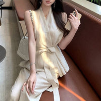 Pure And Alluring High-End Bandage-Waist Top With Wide-Leg Casual Pants Set For Women