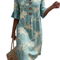 Resort Style V Neck Printed Loose Fitting Mid Sleeve Dress
