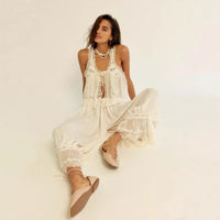 Womens Cropped Pants With Patchwork Lace Vest Set