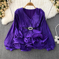 Lantern Long Sleeve V-neck Loose Belly-covering Waist Ruffle Hem Pullover Shirt