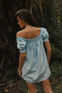 Solid-color Short-sleeve Loose-fit Pleated Square-neck Cotton Dress