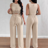 Solid-color Hollow-out Vest And High-waist Straight-leg Pants Set