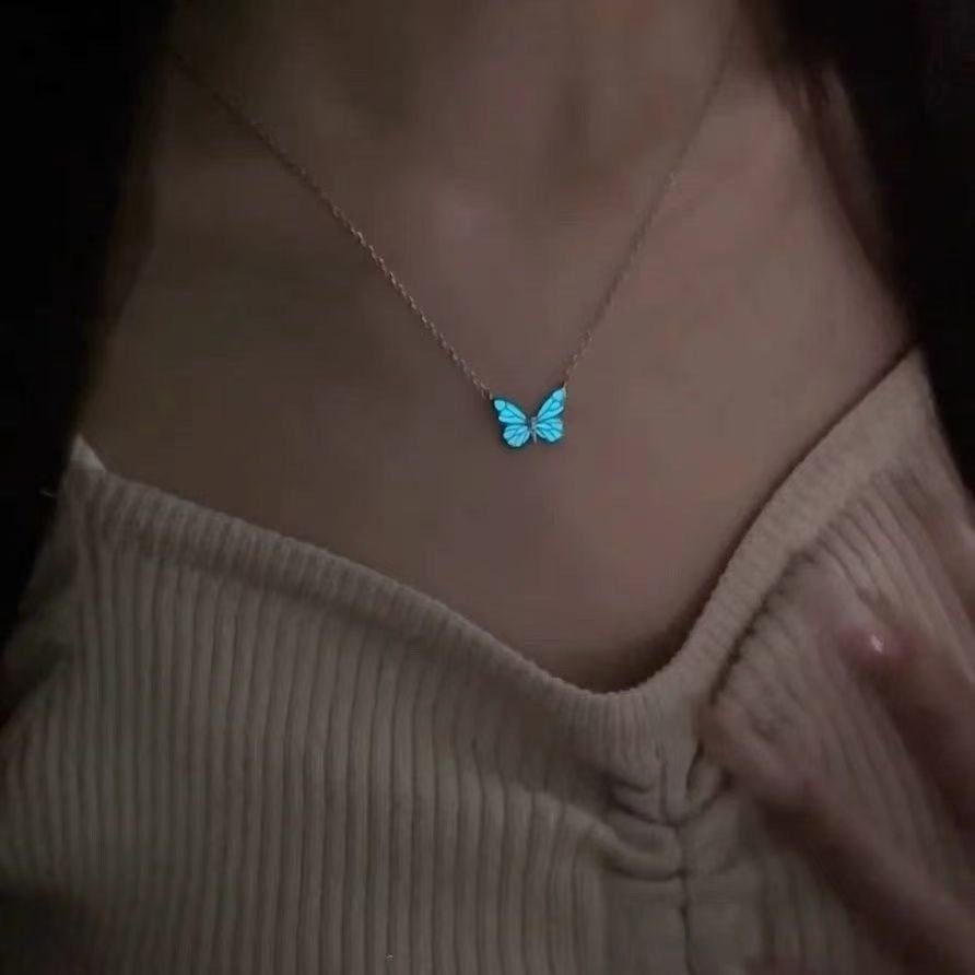 Blue Luminous Smart Butterfly Mori Style Aurora Clavicle Chain Butterfly Necklace For Women